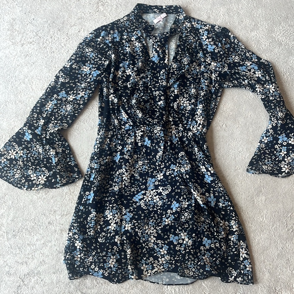 Parker Dress Black Blue White Floral Long Sleeve Attached Neck Scarf/Bow Spring